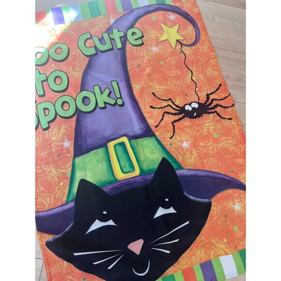 Vintage Outdoor Porch Flag Happy Halloween Black Cat Witch Hat & Spider JL - Picture 10 of 10